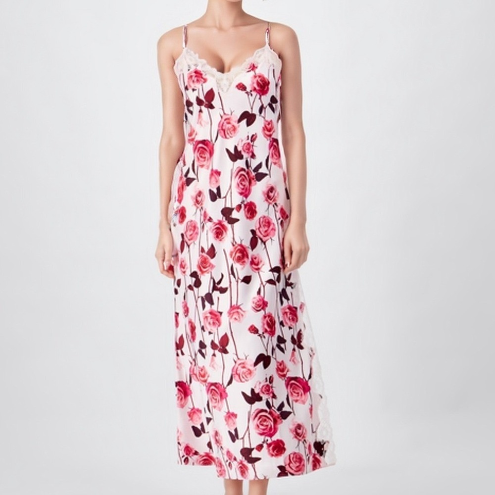 INC International Concepts‎ Women Slip Dress Pink XS Floral Lace Trim Nightgown